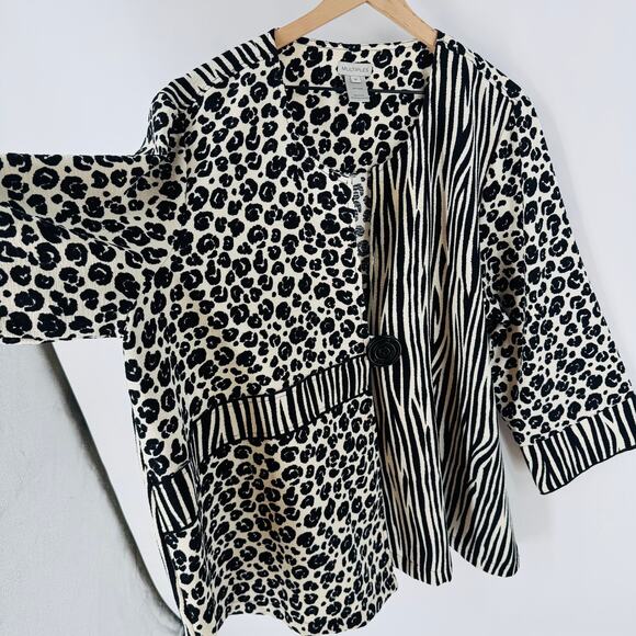 Multiples Jacket 2X Black White Animal Print Mixed Zebra Leopard Open Front - Picture 5 of 9